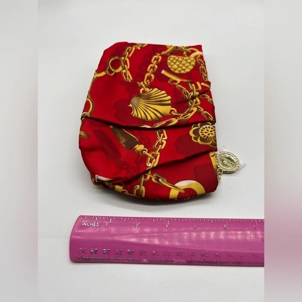 Estée Lauder red and gold cloth pleaded cosmetic bag NEW